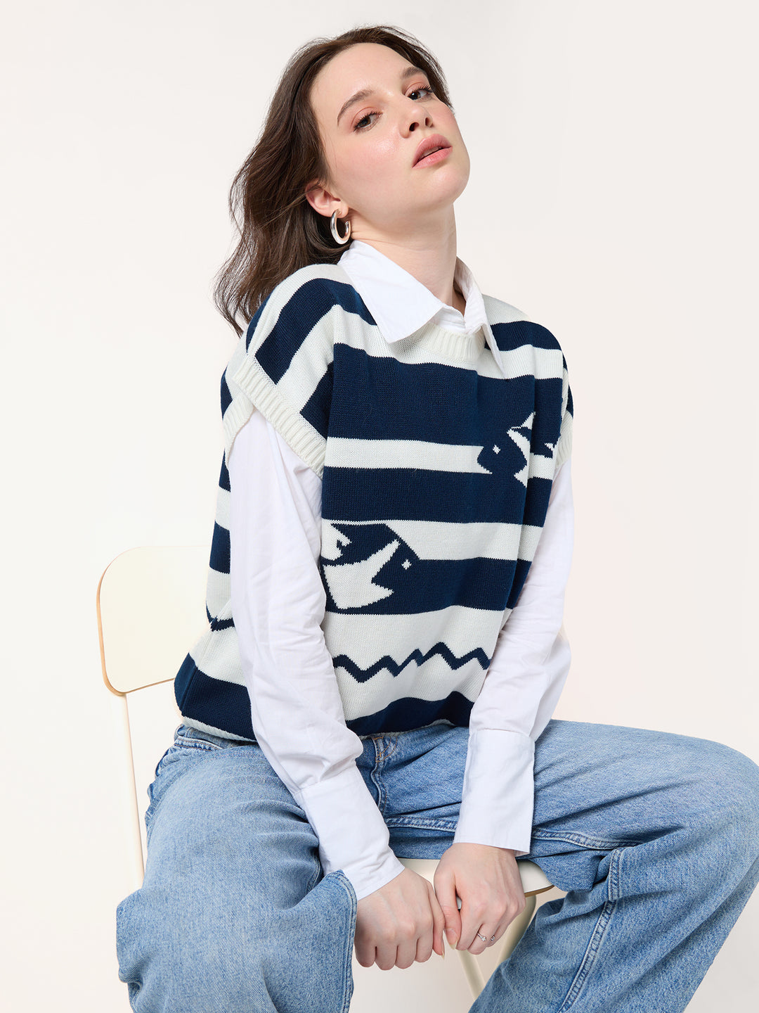 Navy Blue Relaxed Cropped Graphic Sweater