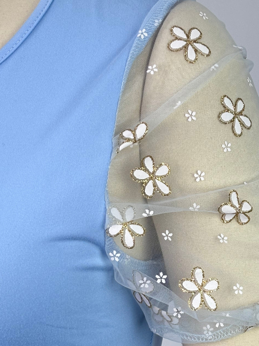 Blue Puff Sleeve Fitted Top
