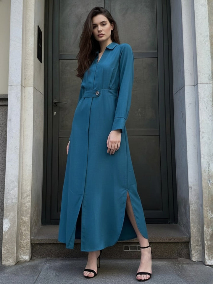 Light Blue Maxi Shirt Dress With Side Slit