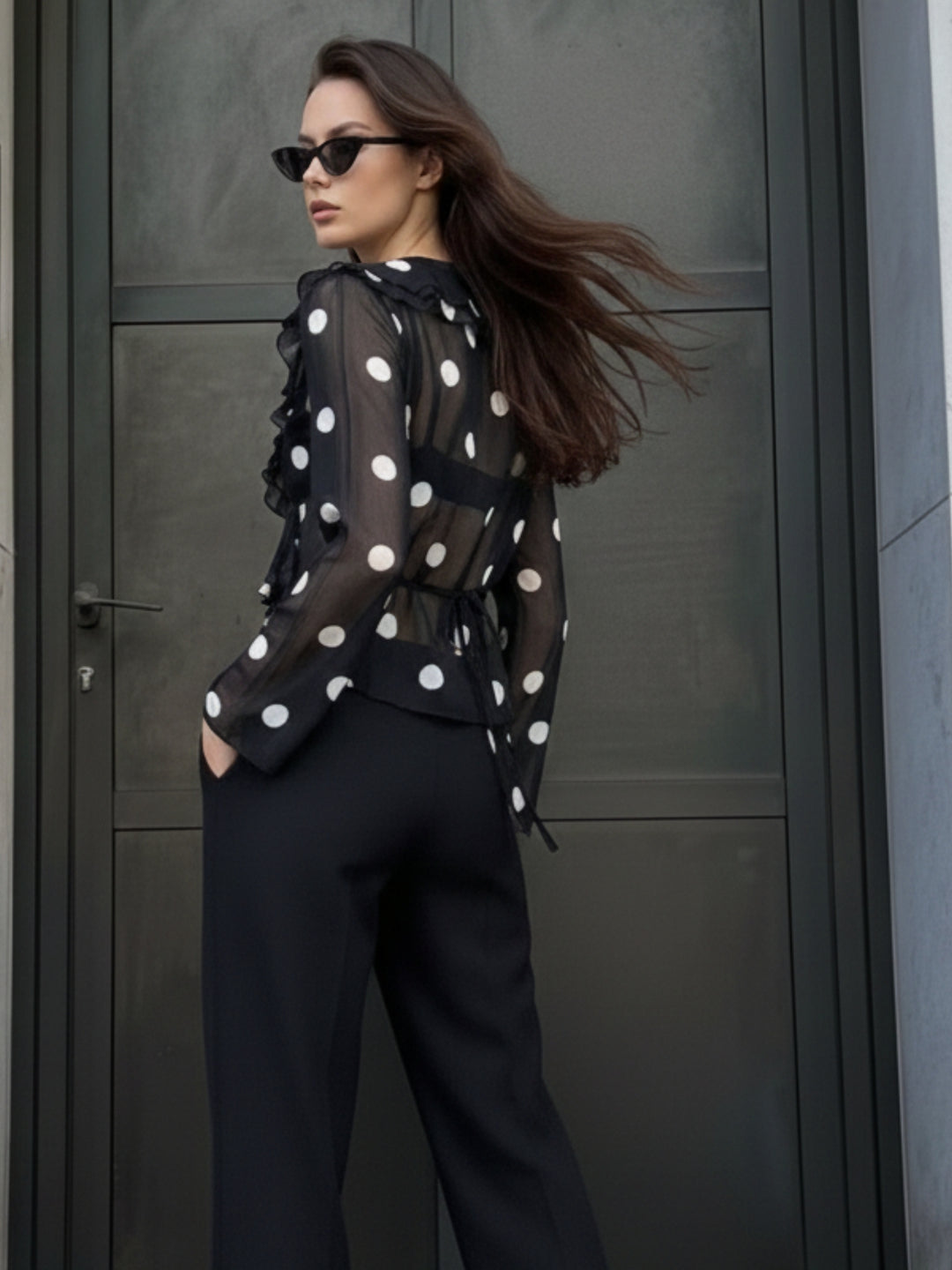 Black Bell Sleeve Polka Printed Top
