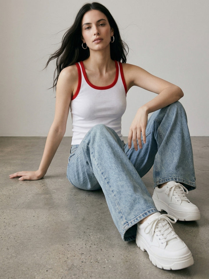 White Contrast Square Neck Ribbed Top