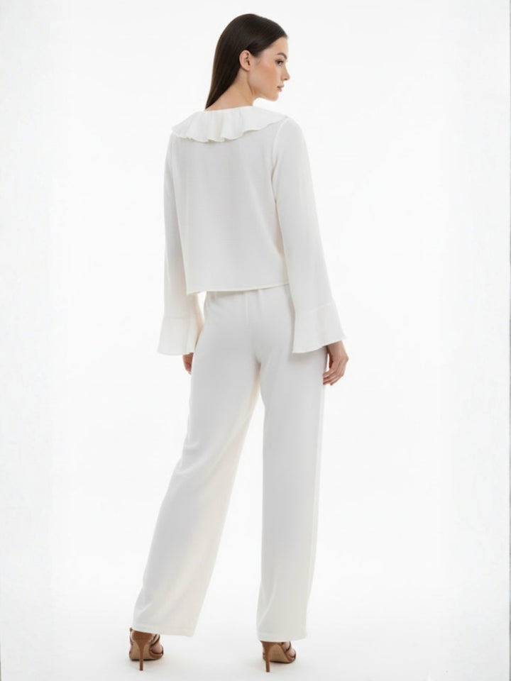 Off White Bell Sleeve Ruffle Detail Top And Pant Set