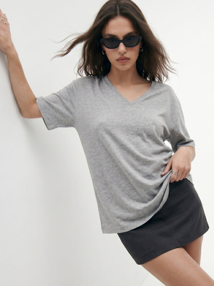 Grey V Neck Oversize Tshirt