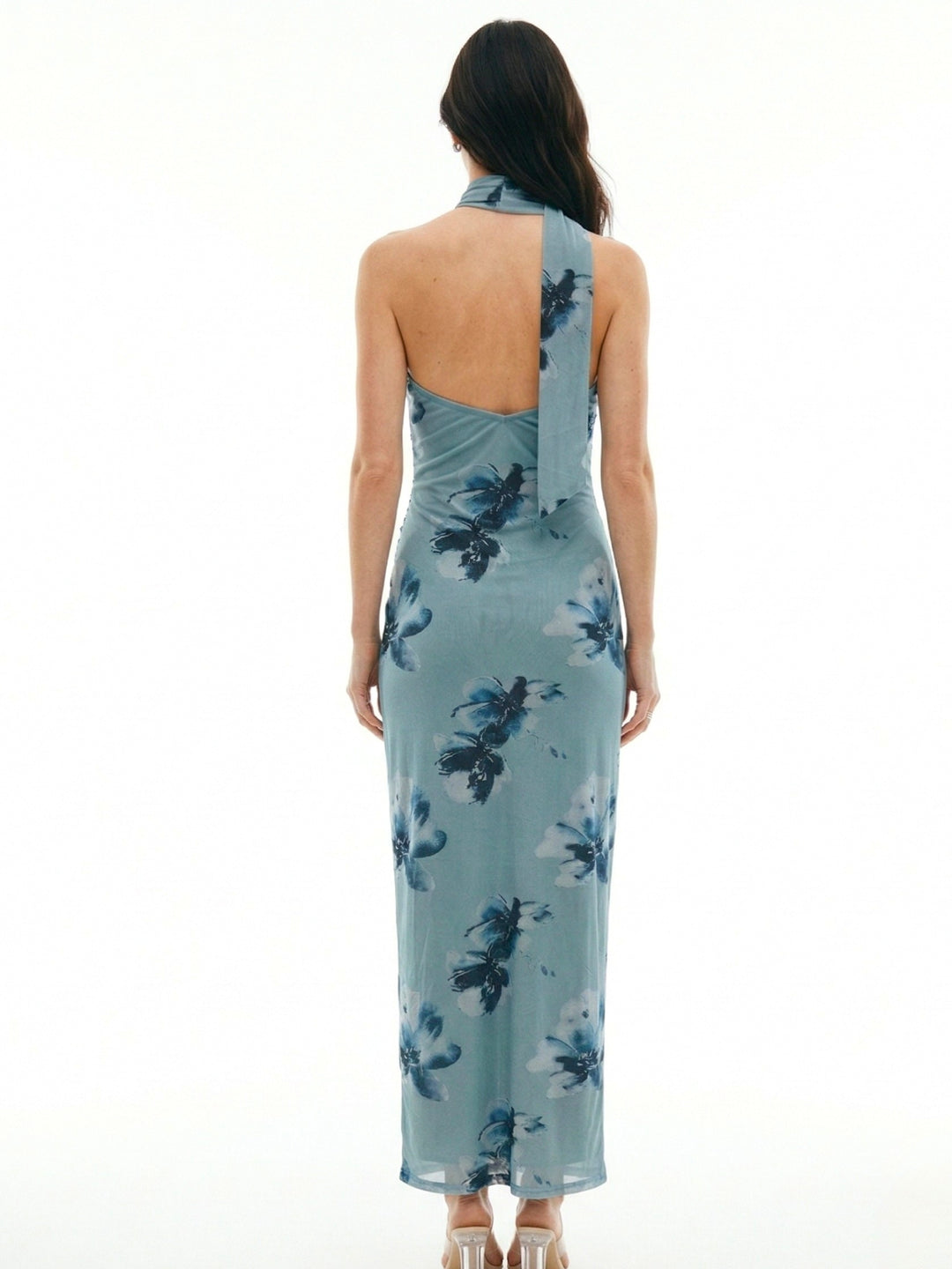 Blue Tube Printed Mesh Dress With Scarf Detail