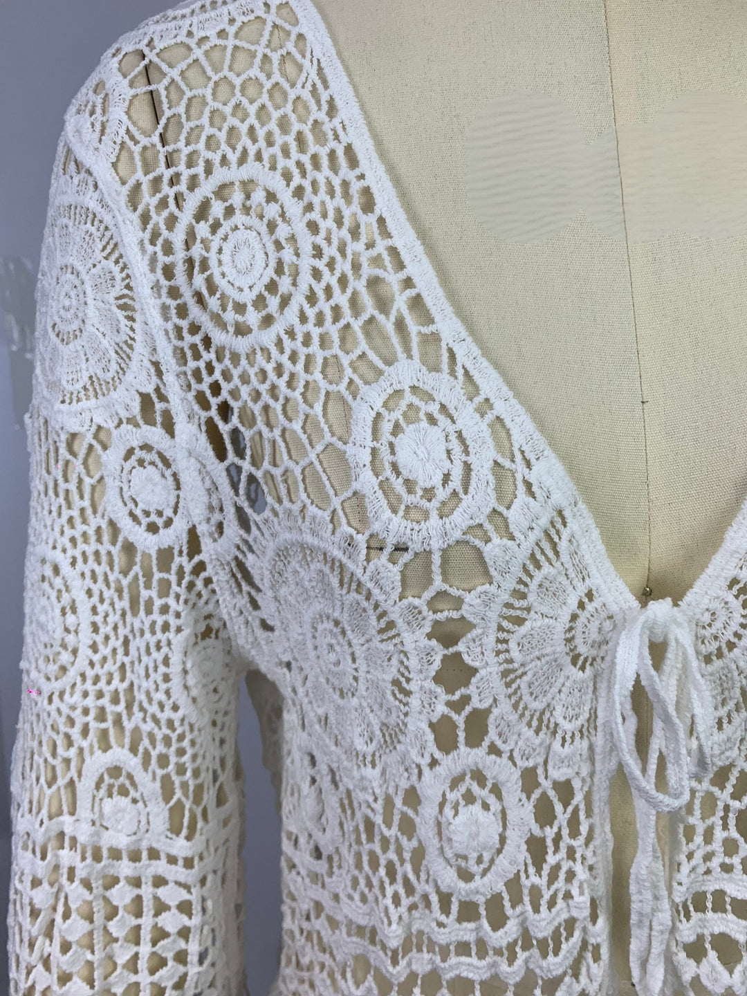Off White Front Tie-Up Bell Sleeve Crochet Top