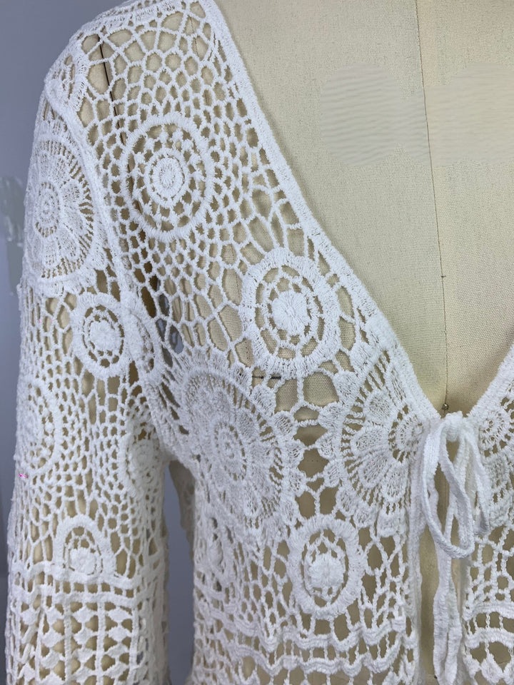 Off White Front Tie-Up Bell Sleeve Crochet Top