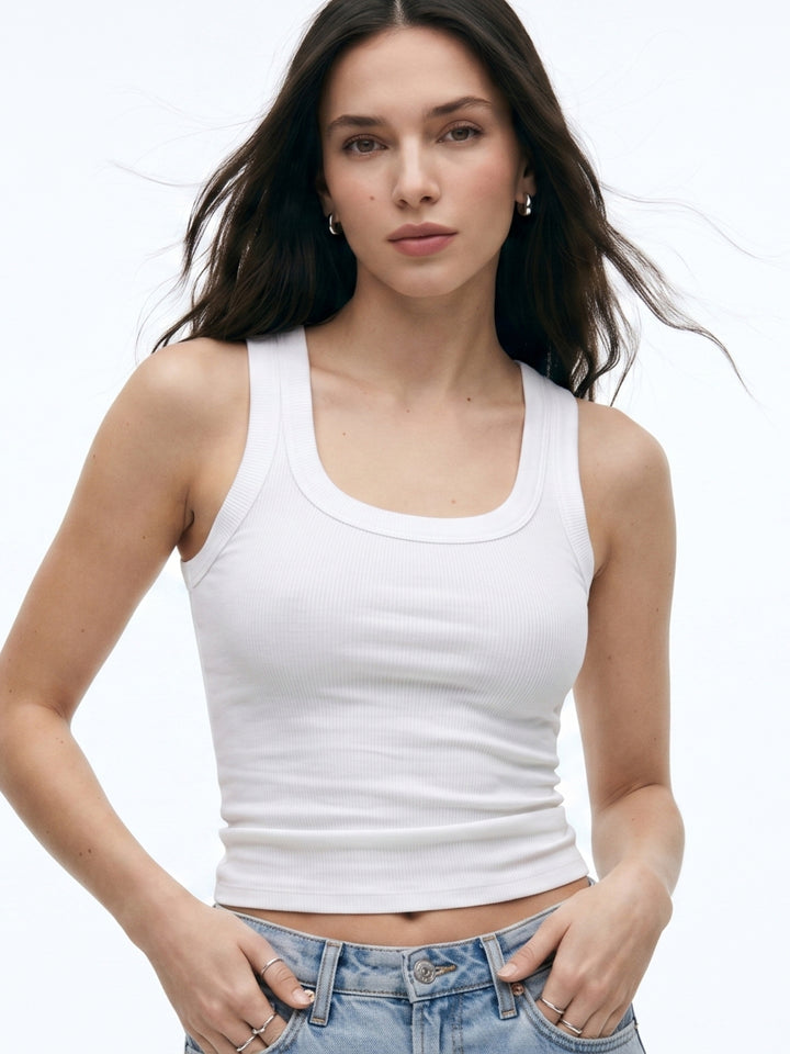 White Ribbed Sleeveless Tank Top