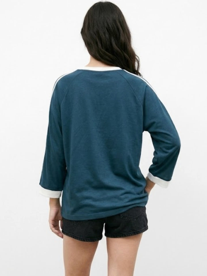 Teal Contrast V Neck Full Sleeved Varsity Graphic T-Shirt