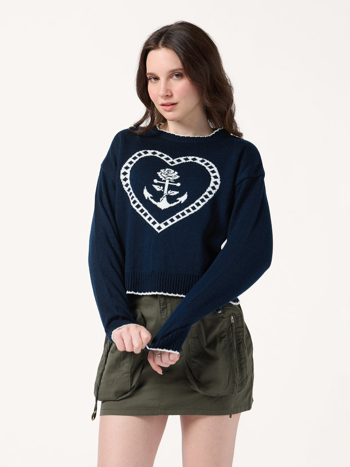 Navy Blue Contrast Stitch Hem And Neck With Graphic Sweater