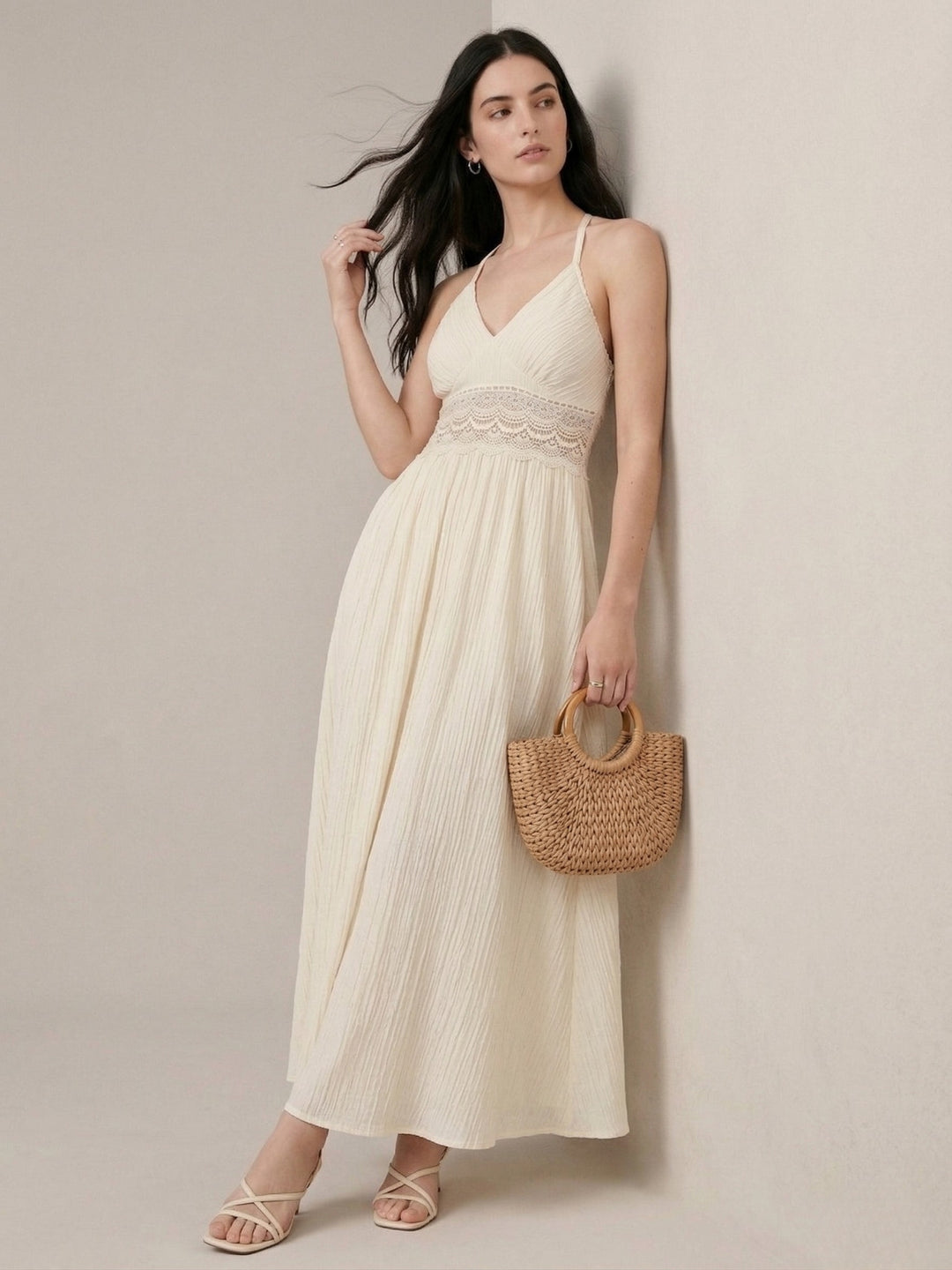 Cream Spaghetti Strap Tiered Dress