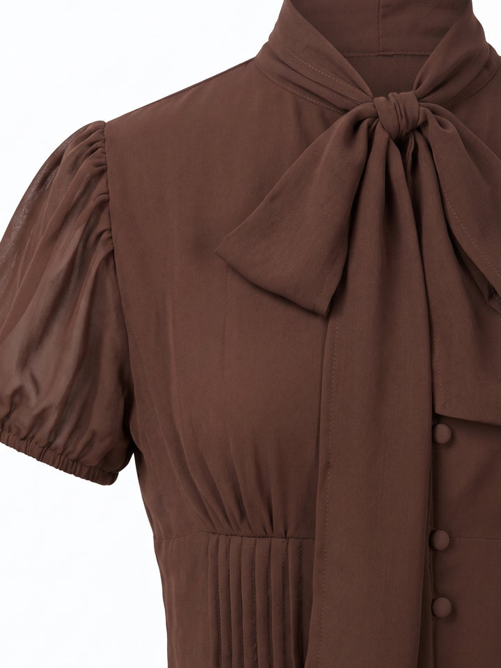Brown Fitted Blouse With Neck Scarf