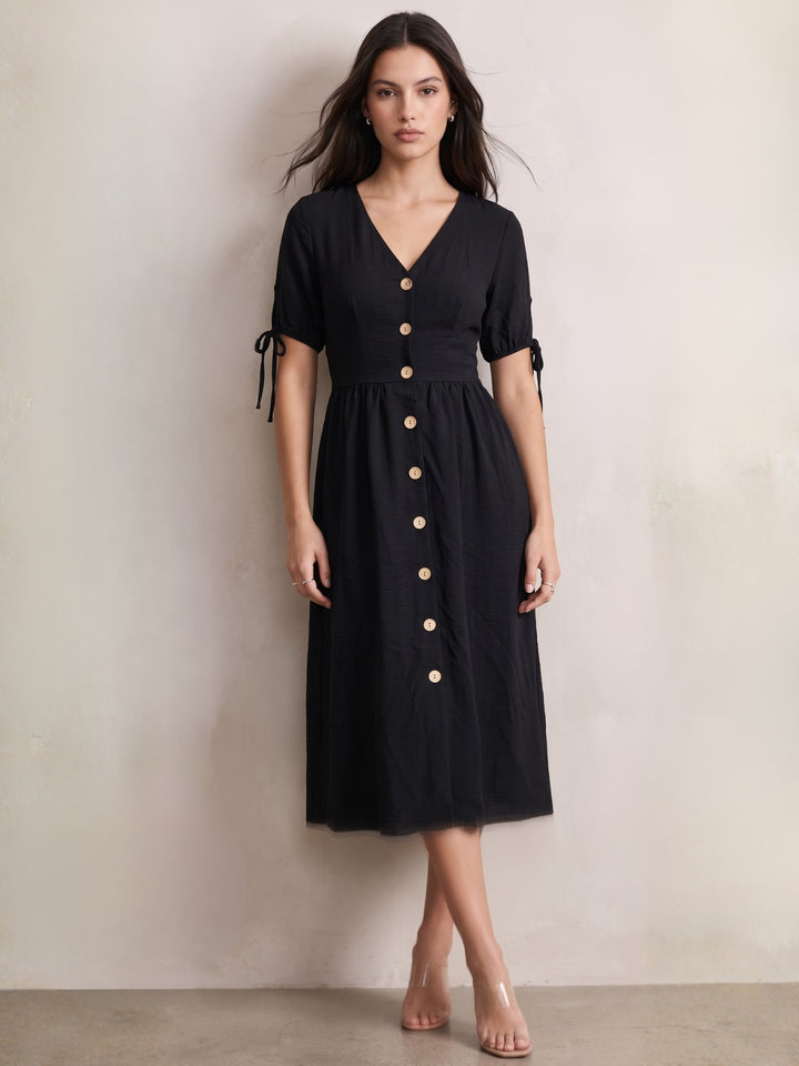 Black Short Sleeve Tie-Up Front Buttoned Dress