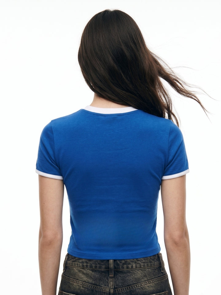 Blue Contrast Binding Neck Cut Out Graphic Printed T-Shirt