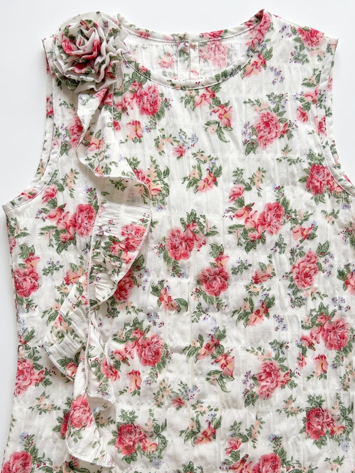 White Elegant Sleeveless Blouse With Ruffle And Corsage Detail