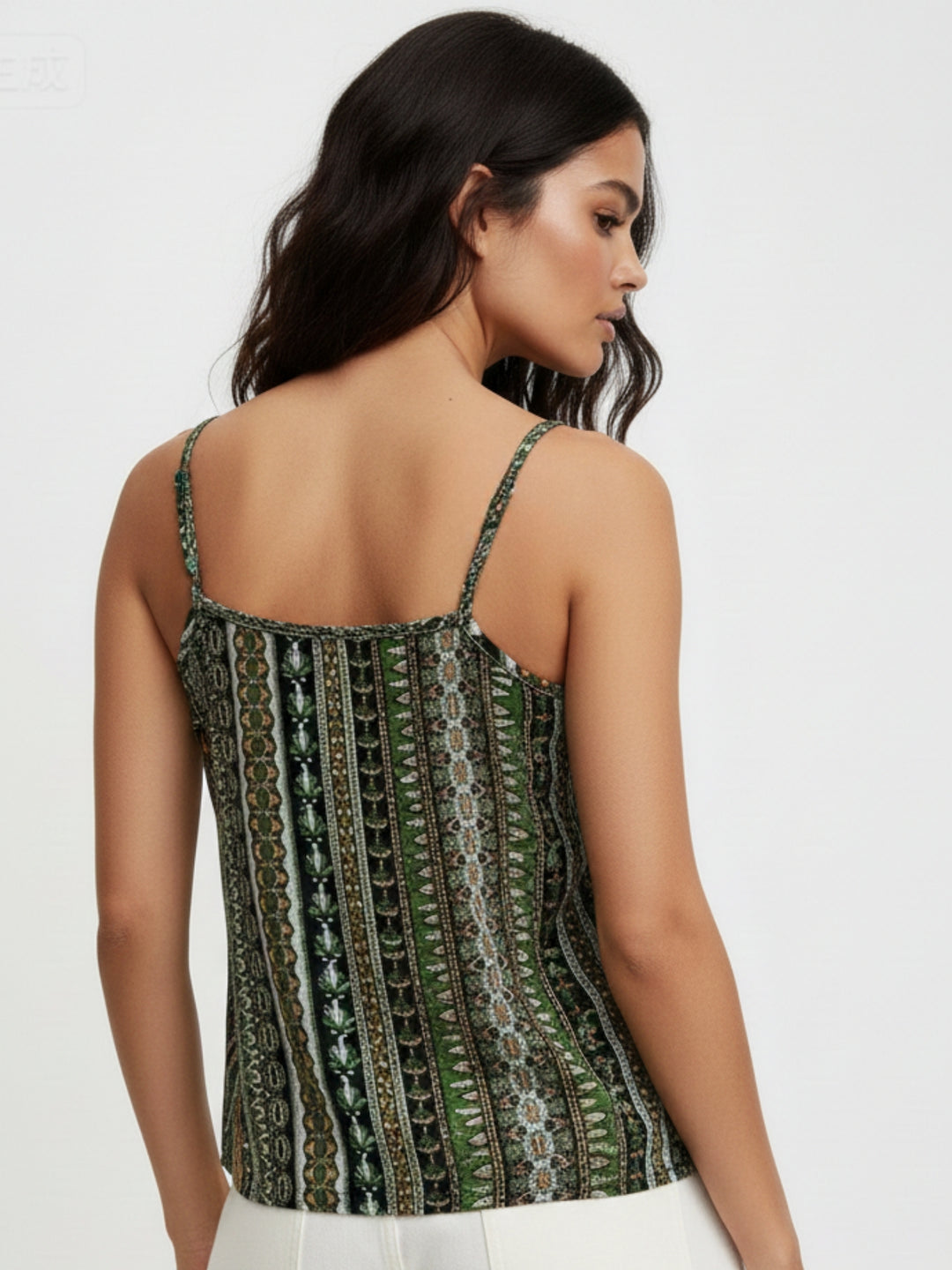 Green Spaghetti Strap Printed Top
