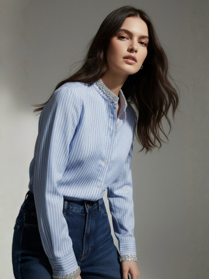 Blue Embellished Neckline Striped Shirt