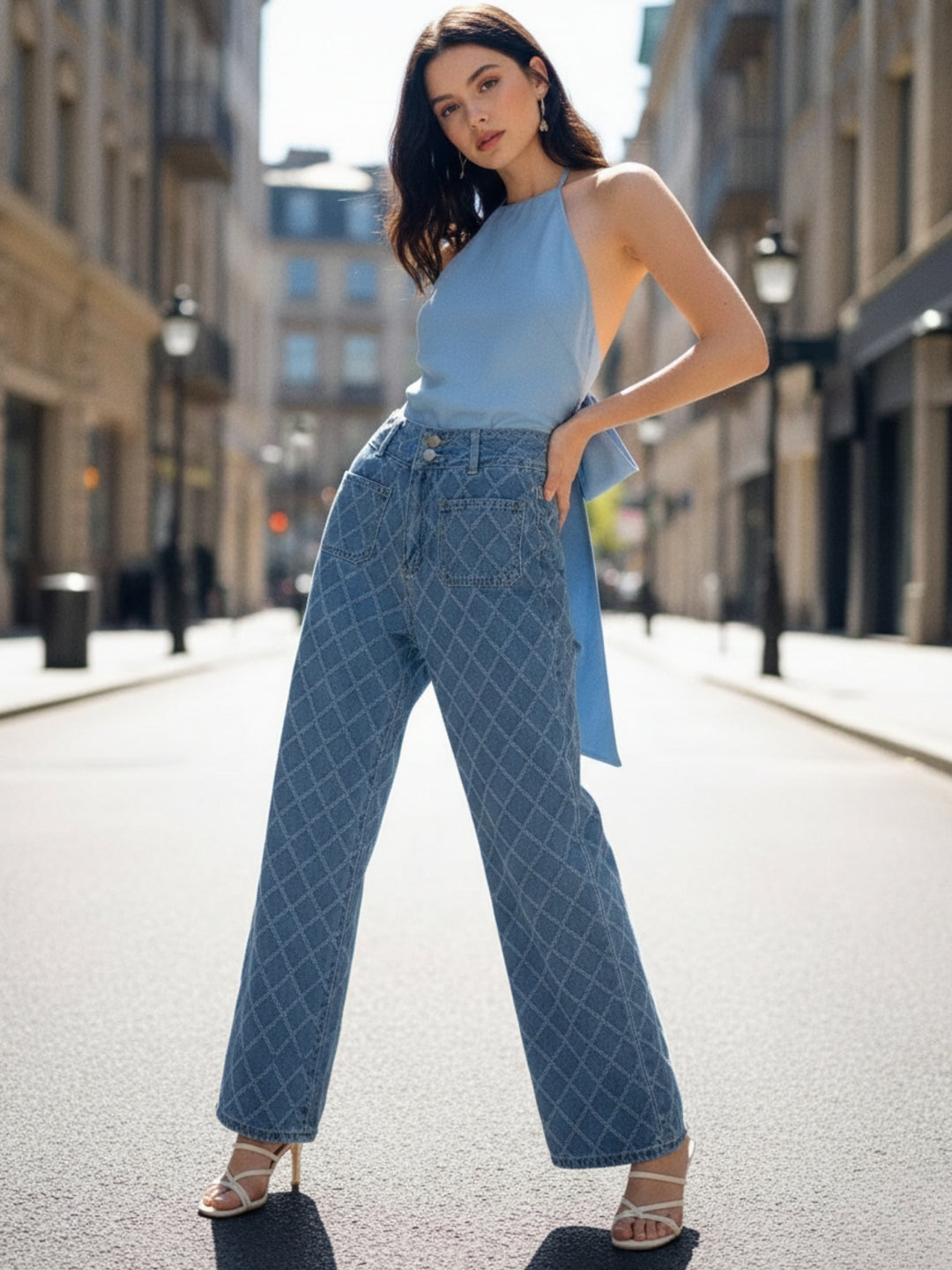 Blue High Waist Textured Jeans