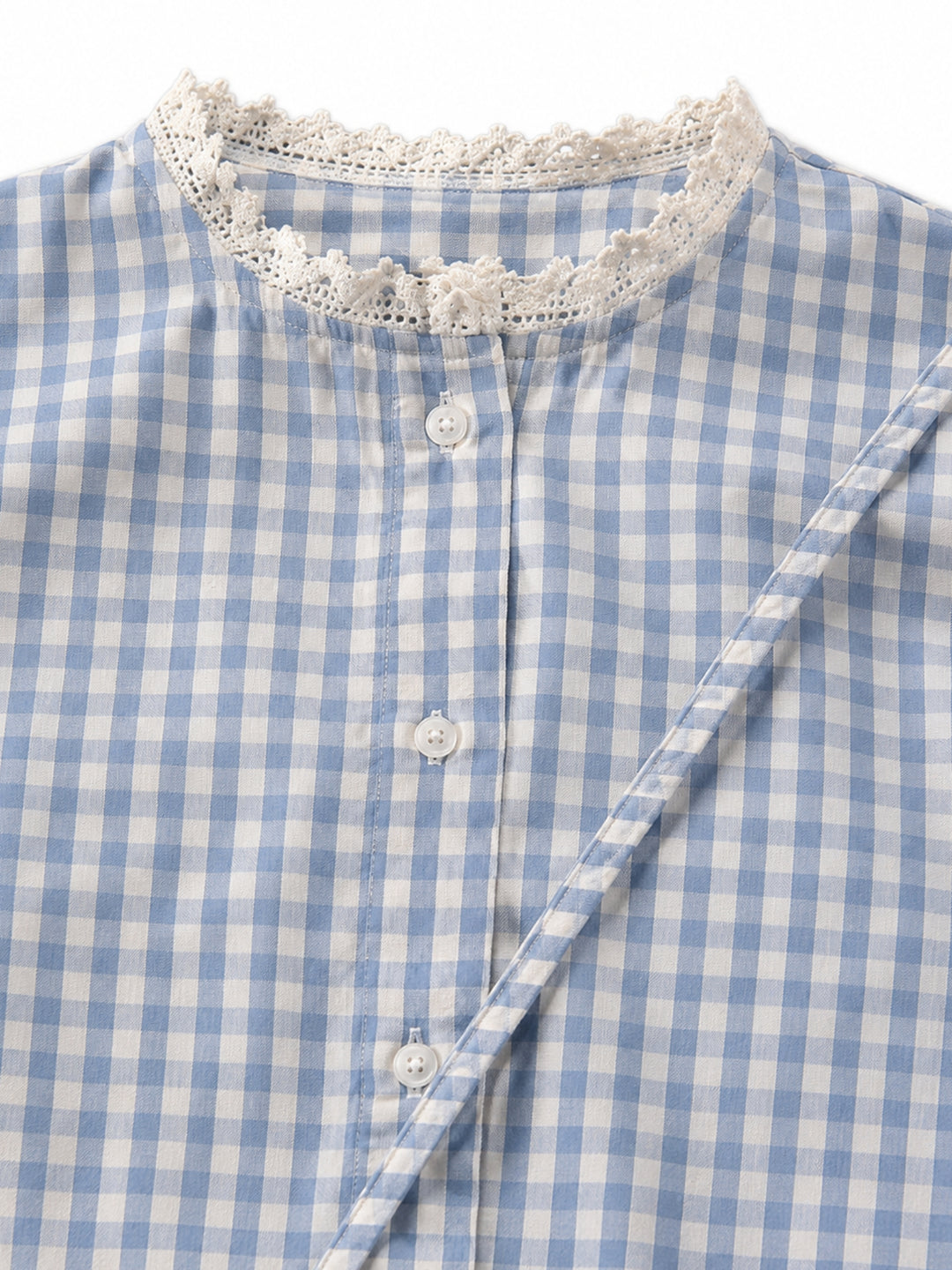 Blue Relaxed Fit Lace Detailed Ghingham Check Cotton Blouse With Self Fabric Bag