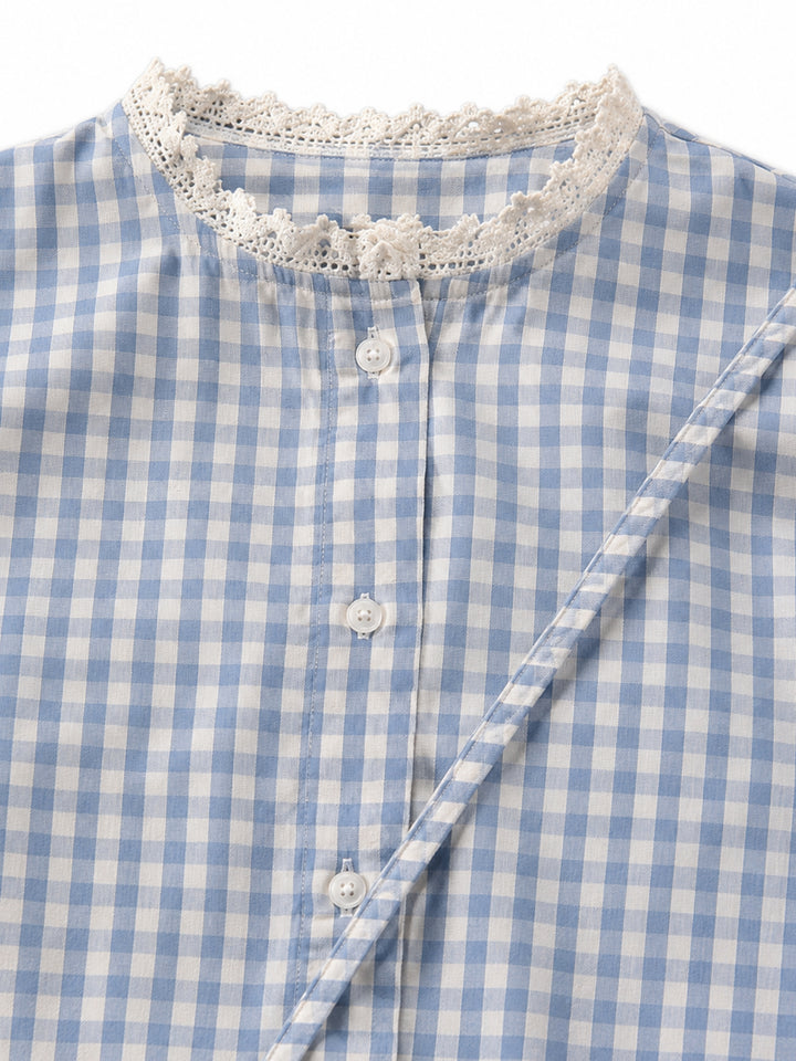 Blue Relaxed Fit Lace Detailed Ghingham Check Cotton Blouse With Self Fabric Bag