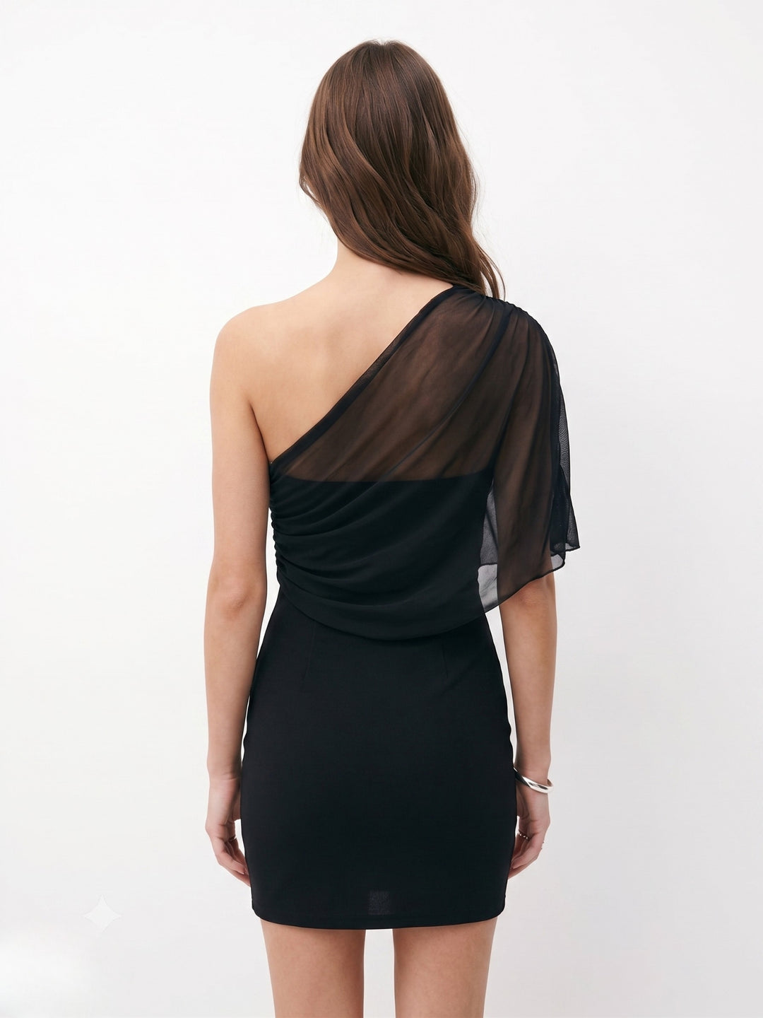 Black Cape Detail One Shouldered Dress