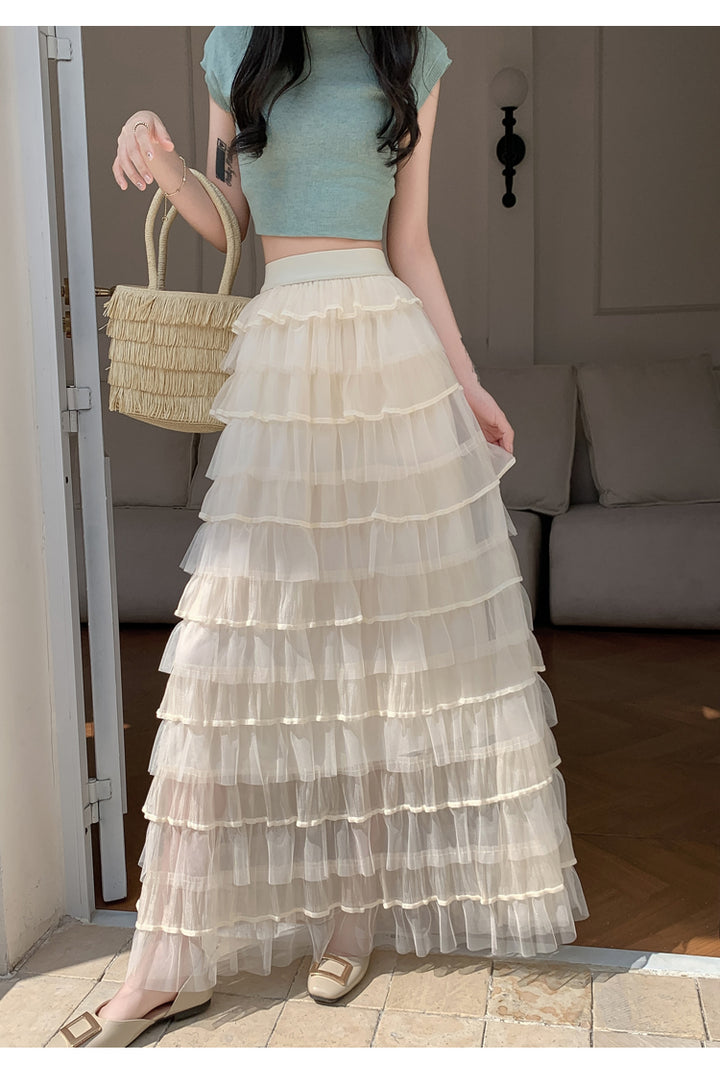 Cream Multi Ruffled Tiered Maxi Skirt