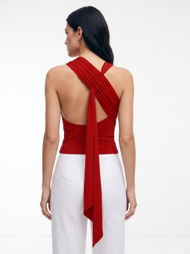 Red Sleeveless Back Panel Detail Top