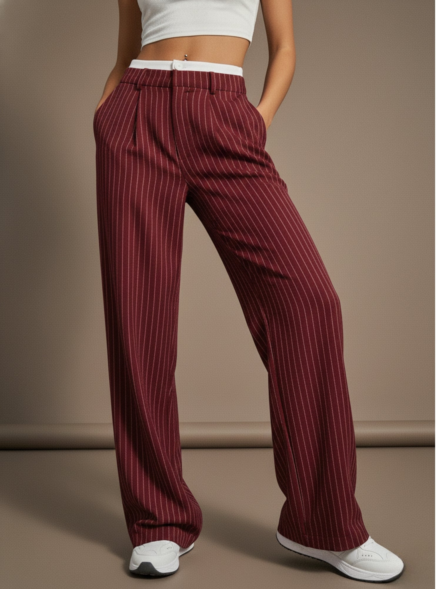 Maroon Contrast Waist Striped Wide Leg Pant