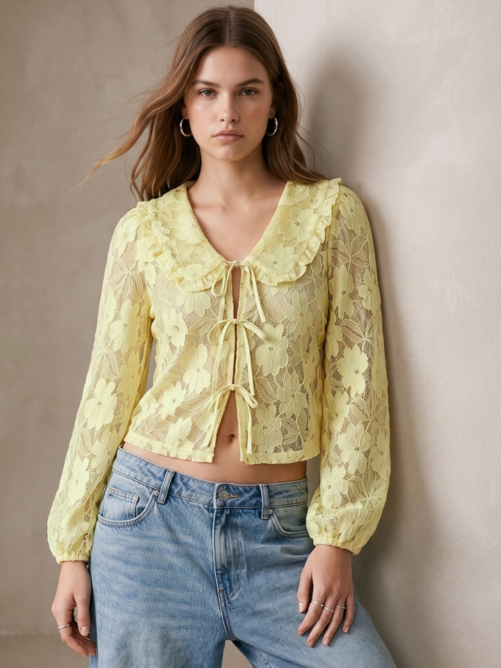Yellow Textured Lace Front Tie-Up Top