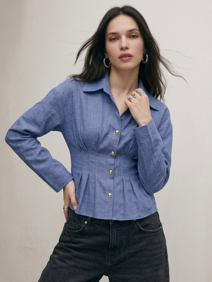 Blue Full Sleeves Front Pleated Shirt