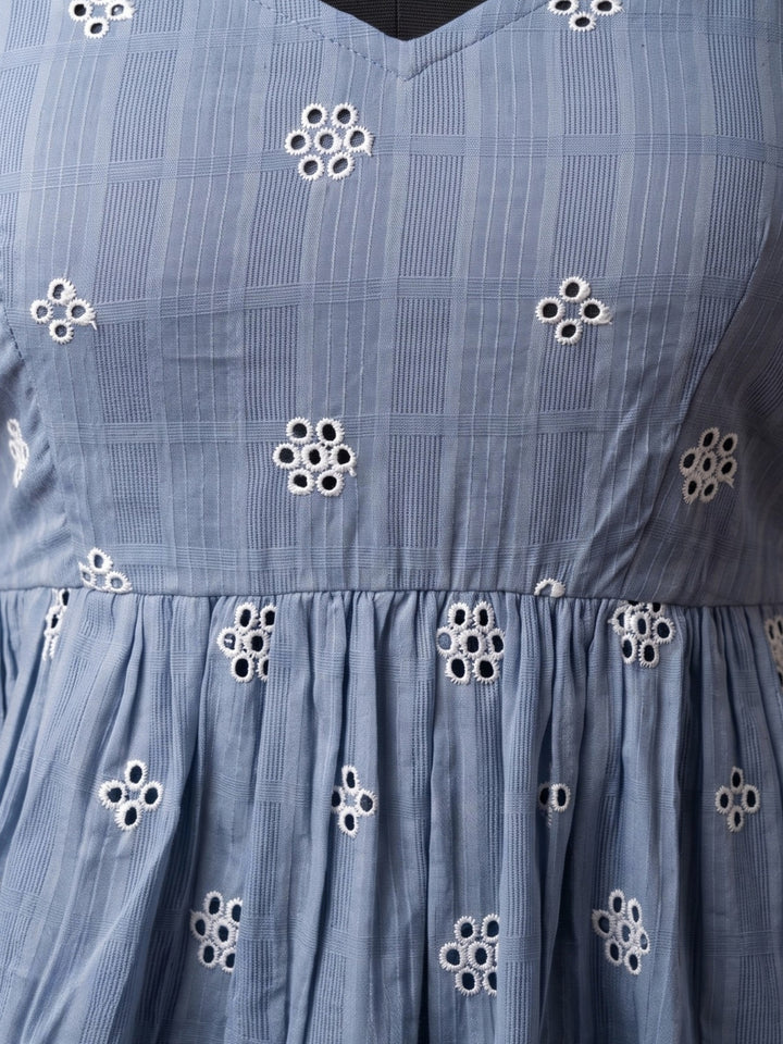 Blue Textured Fabric Floral Embroidered Blouse