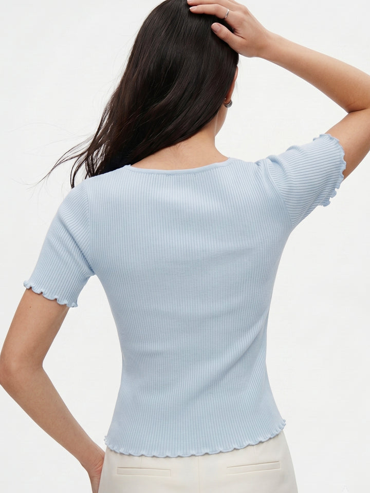 Blue Collared V Notch Top With Lace Inserts