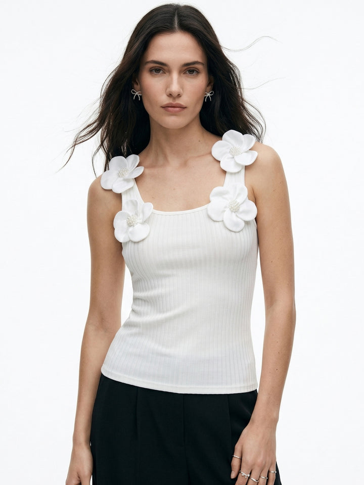 White Floral Embellished Sleeve Fitted Top
