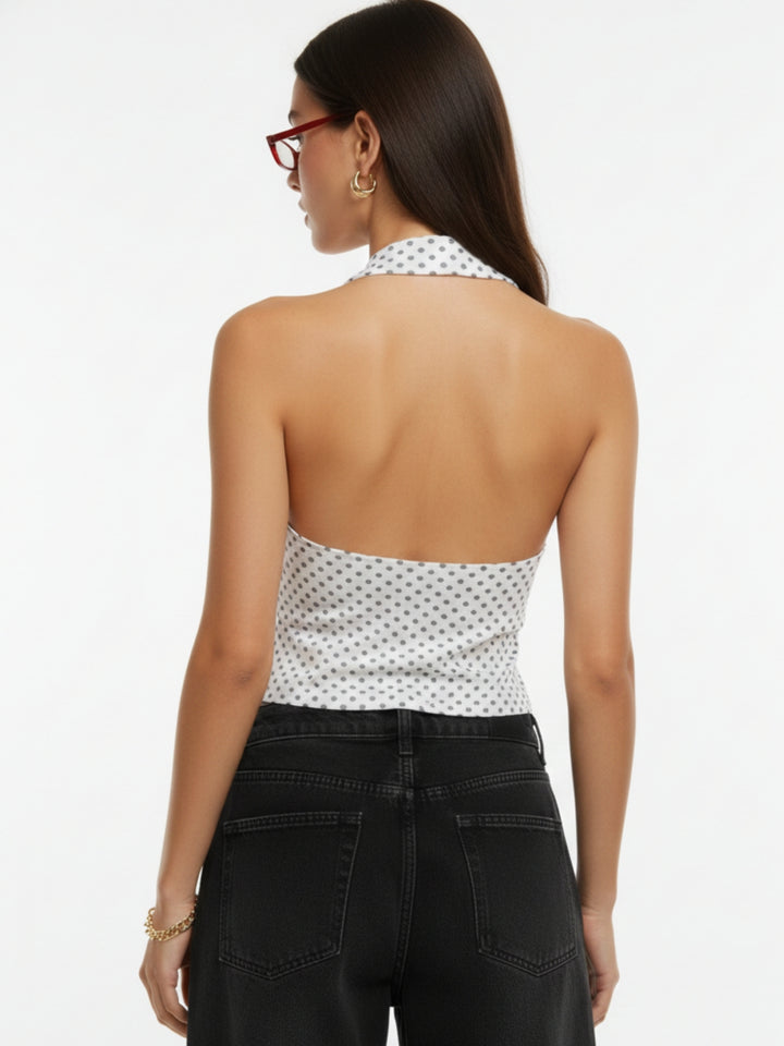 White Halter Cowl Neck Printed Top