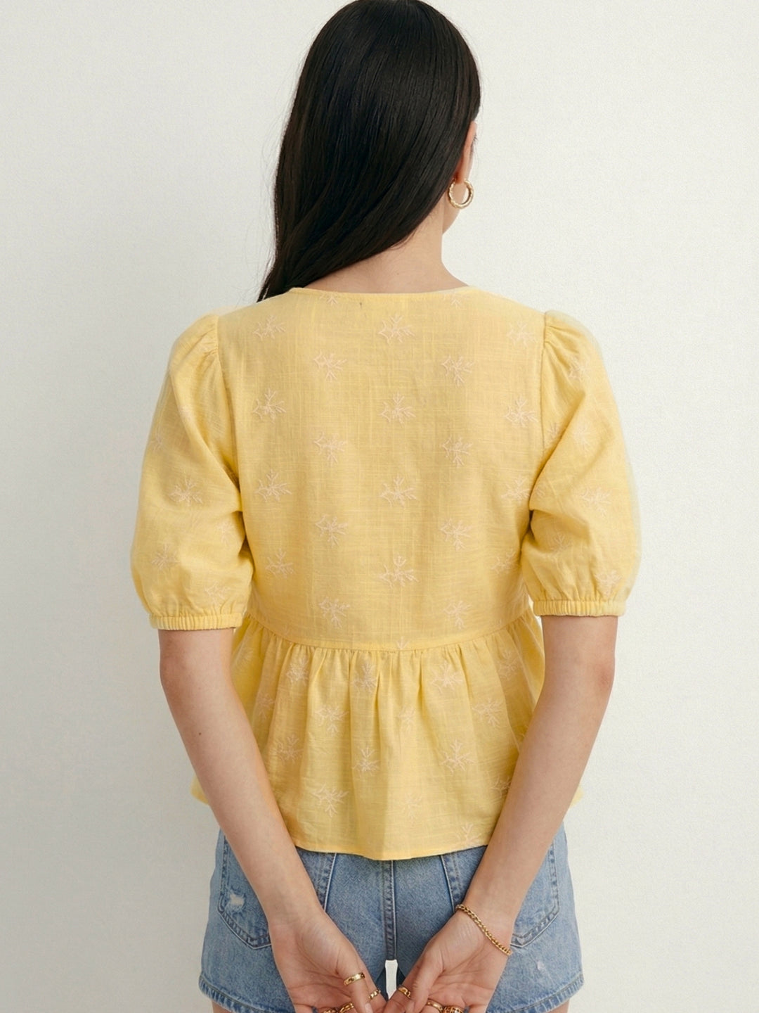 Yellow Relaxed Button Down Peplum Blouson Top