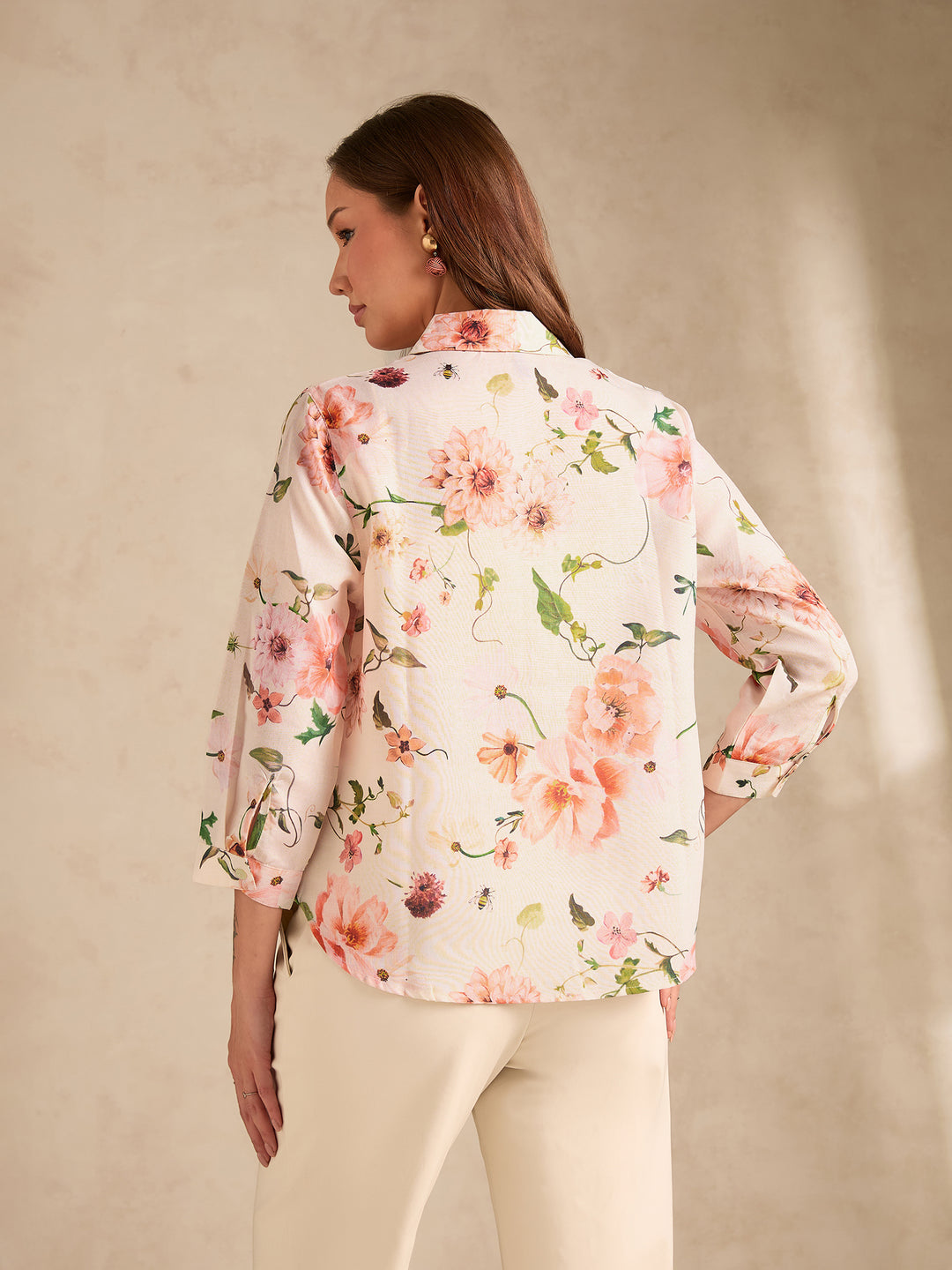 Off-White Regular Fit Printed Shirt with Pintuck Details