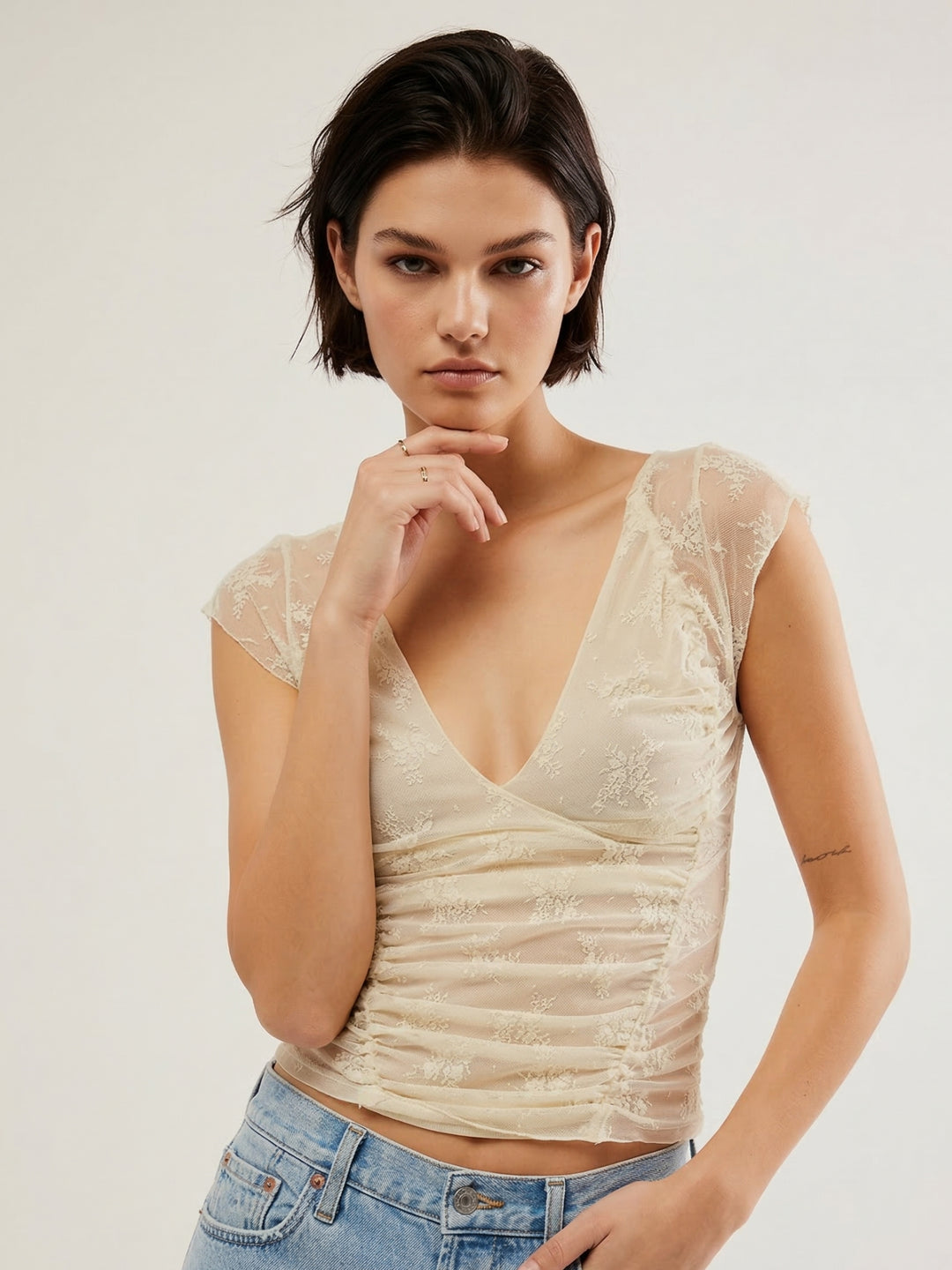 Cream Short Sleeve Lace Detail Top