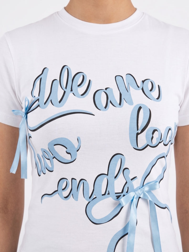 White Fitted Graphic T-Shirt With Bow Detail