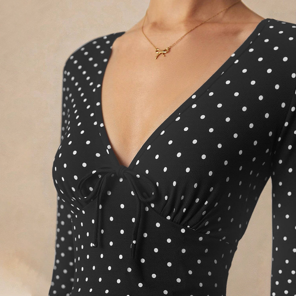 Black V Neck Polka Dot Fitted Dress