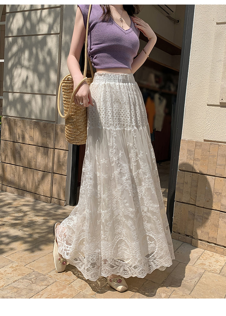 Cream Sheer Lace Long Skirt