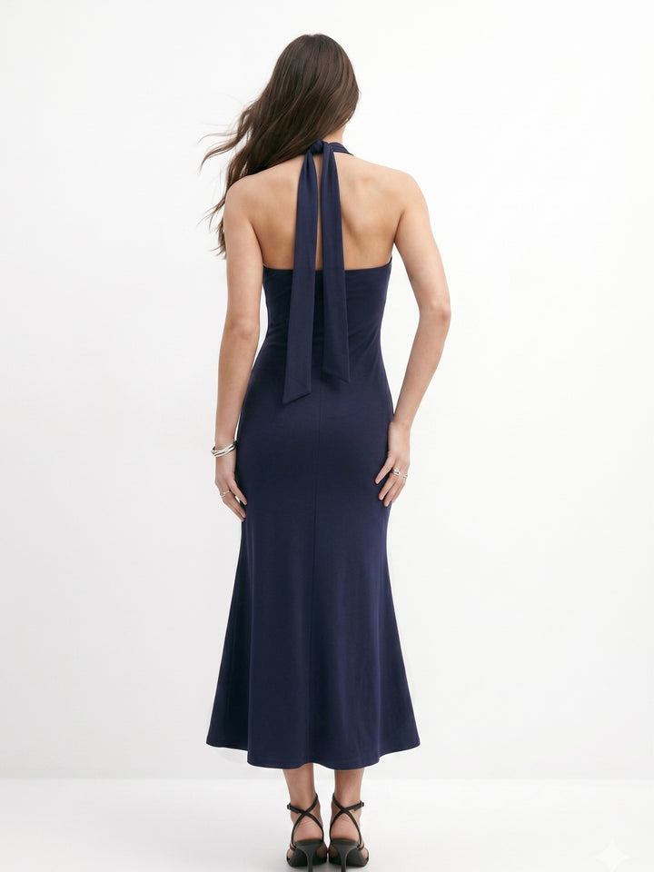 Navy Blue Halter Neck Back Tie Up Midi Dress