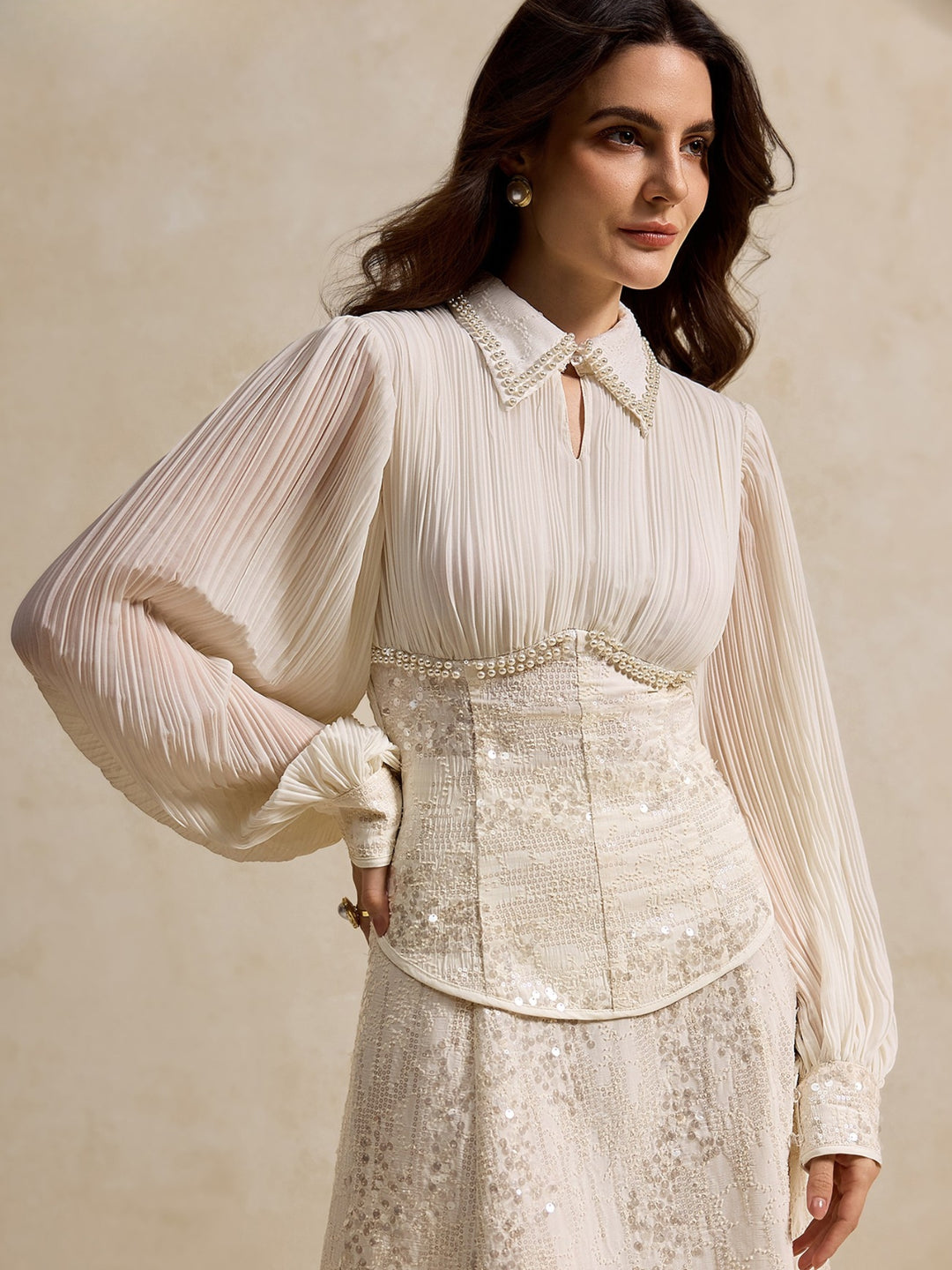 Off White Balloon Sleeve Corset Fitted Top