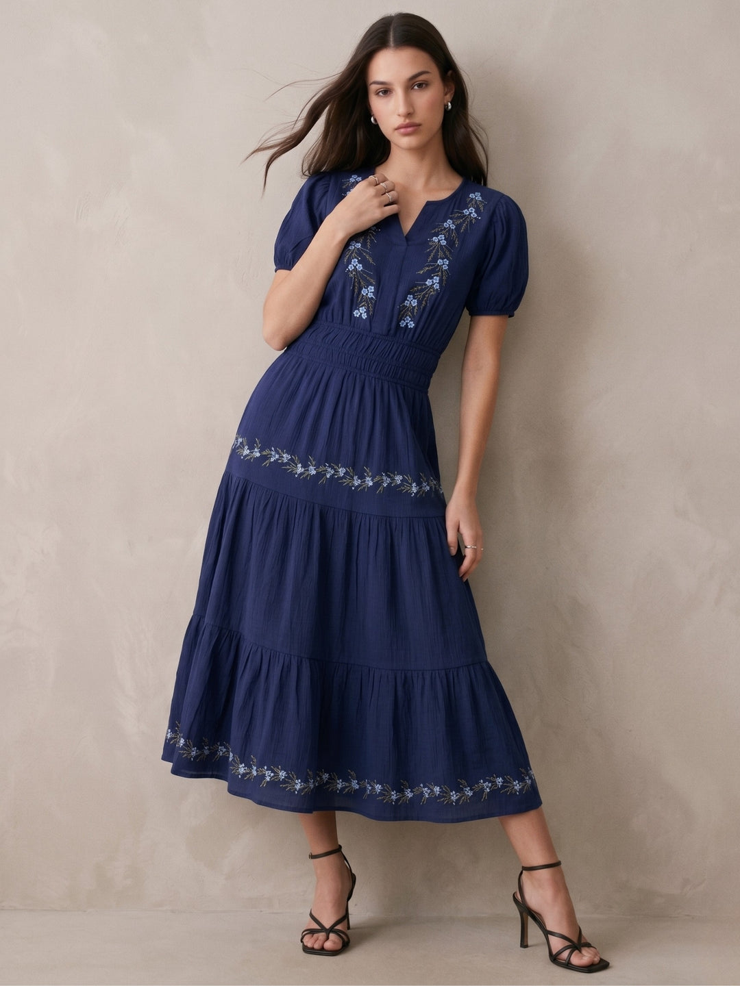 Navy Blue Embroidered V-Neck Short Sleeves Dress
