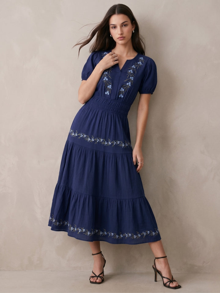 Navy Blue Embroidered V-Neck Short Sleeves Dress