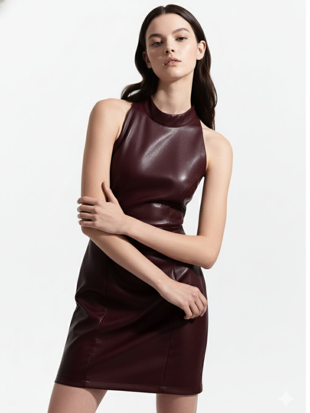 Burgundy Sleeveless Fitted Pu Dress