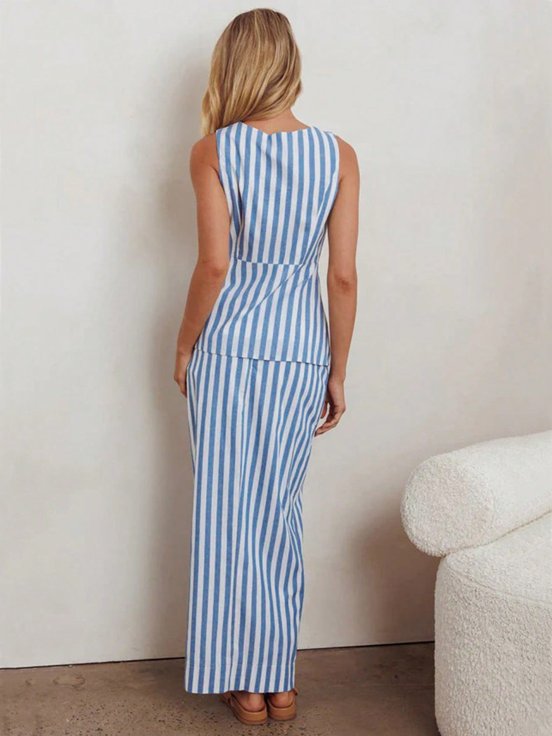 Blue Sleeveless Striped Vest And Skirt Set