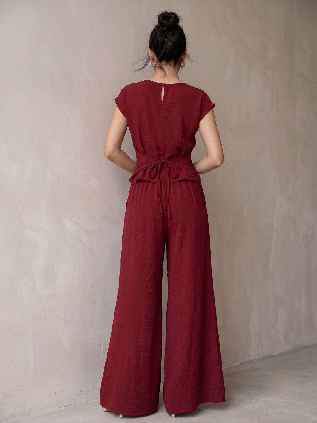 Maroon Wrap Hem Detail Top With Wide Leg Pants Co-Ord Set