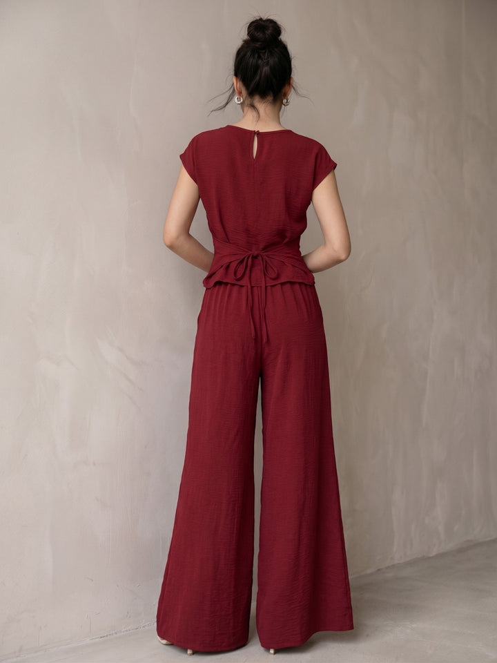 Maroon Wrap Hem Detail Top With Wide Leg Pants Co-Ord Set
