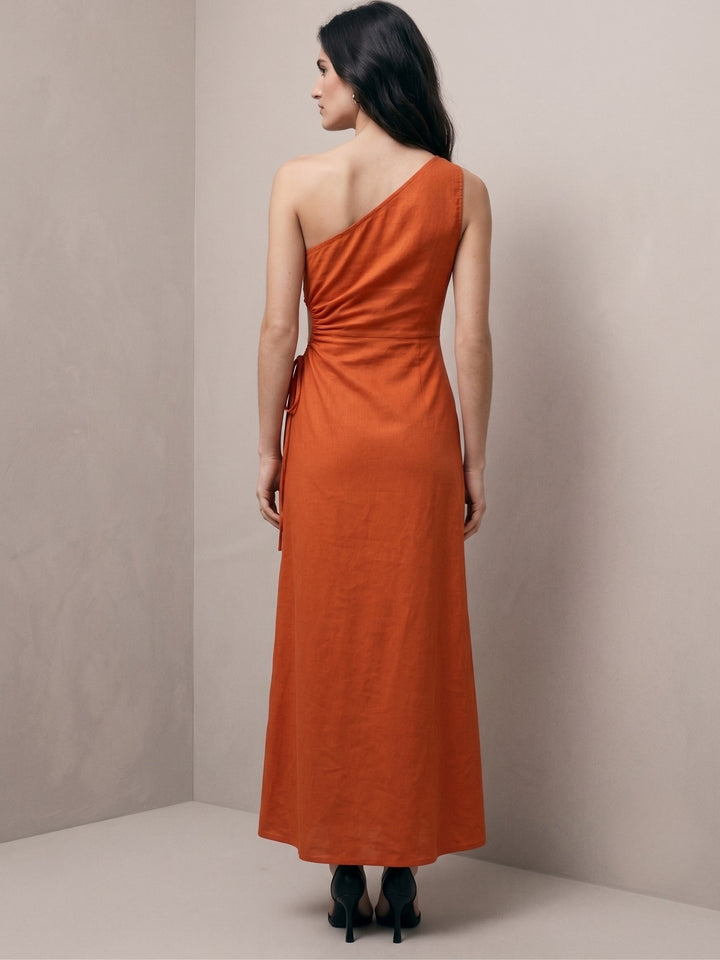 Rust One Shoulder Dress With Slit And Side Tie Up Detail