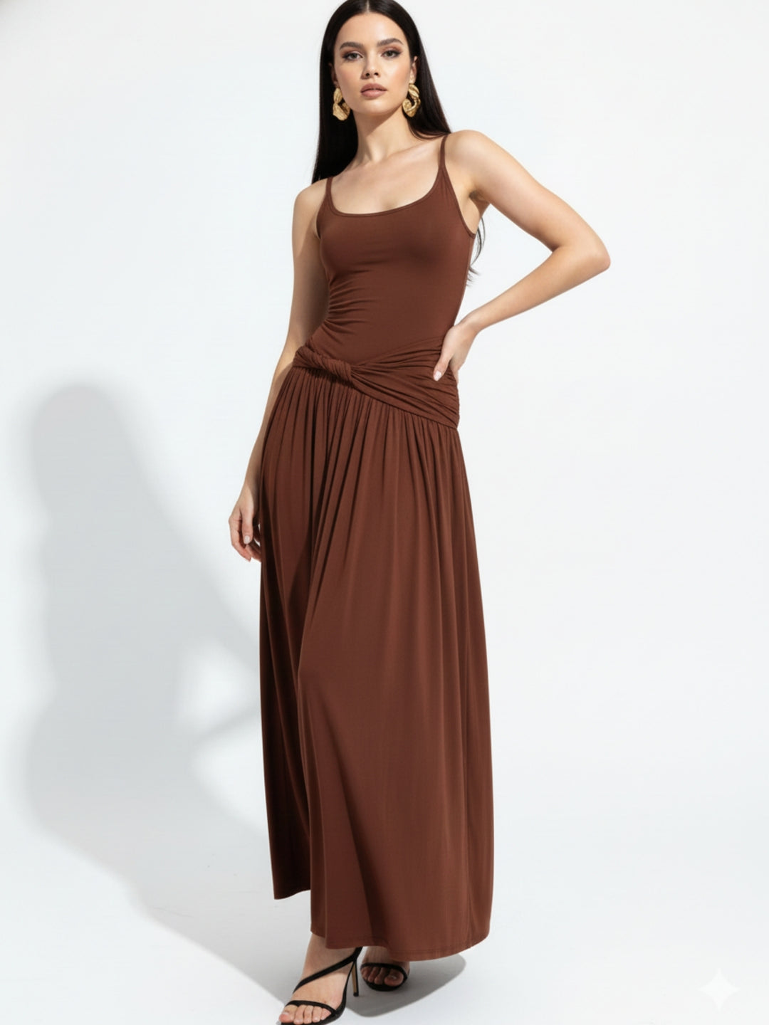 Brown Spaghetti Strap Flared Dress