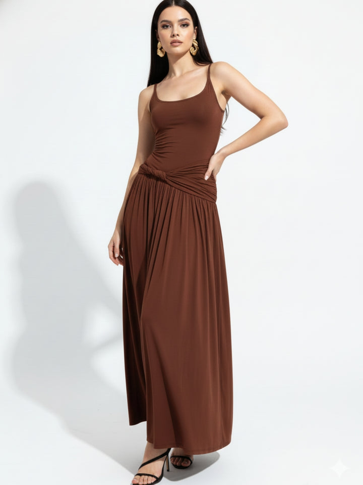 Brown Spaghetti Strap Flared Dress